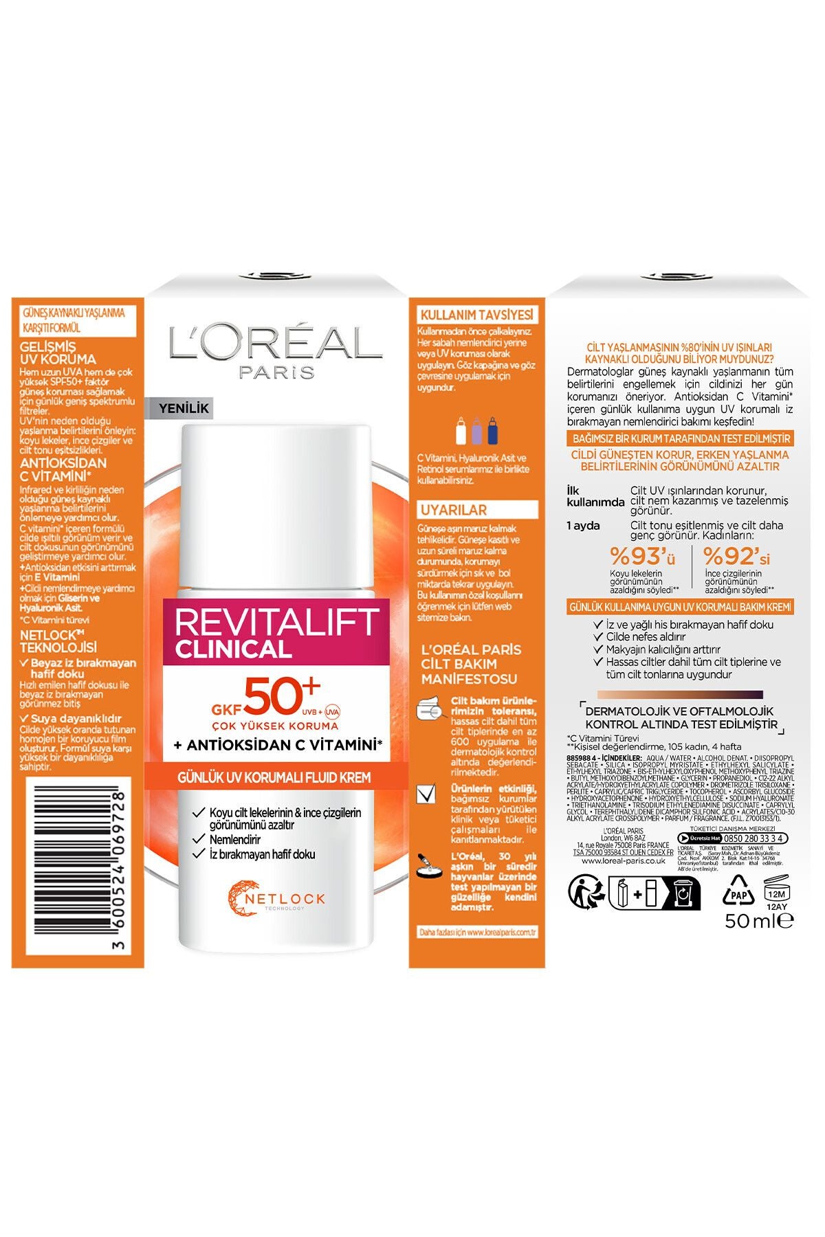 L'oréal Paris Revitalift Clinical Spf 50 Günlük Yüksek Uv Korumalı Yüz Güneş Kremi 50ml